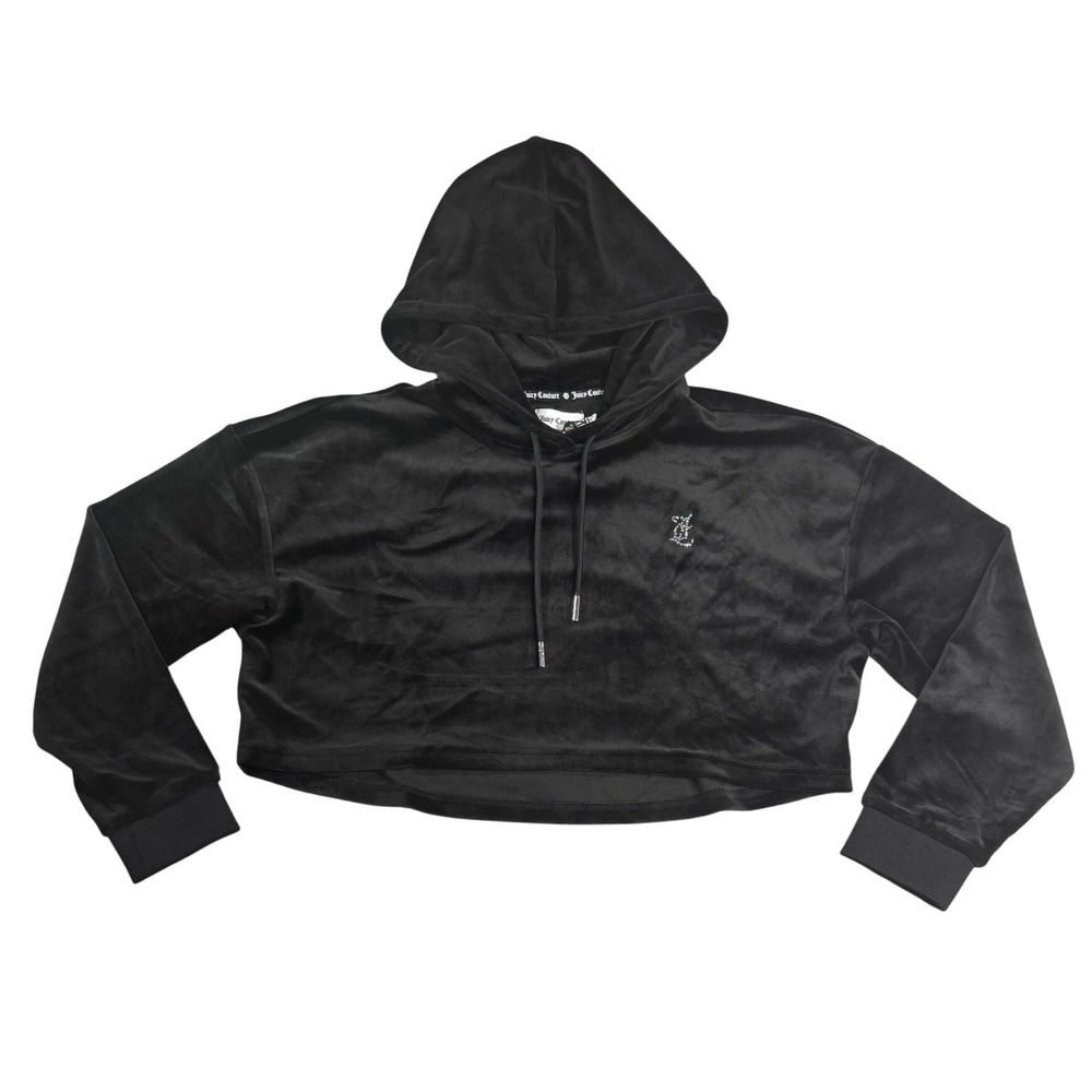 Juicy Couture Black Velour Cropped Hoodie Rhinestone Logo XL NWT